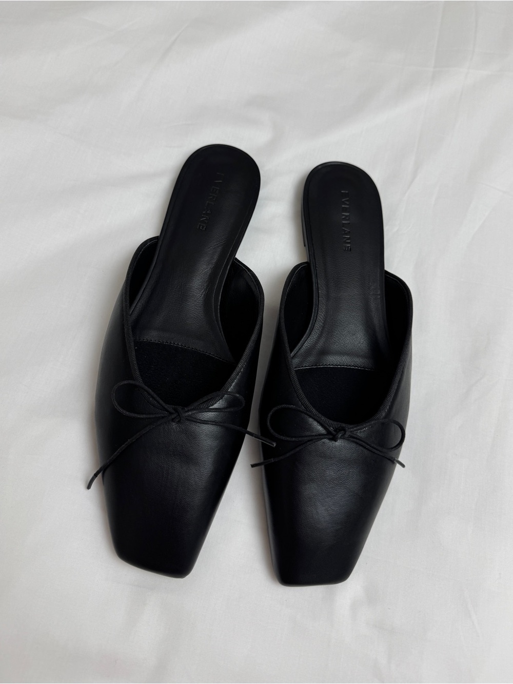 Everlane Black Leather Ballet Mule Flats Size 9 Minimalist Square Toe Bow - Picture 12 of 13